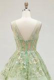 Vestido de Baile Longo de Finalistas Longo Espartilho Linha A Linha A Verde com Decote em V, Aplicado com Folhos