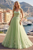 Vestido de Baile Longo Floral de Tiras Fingue Verde Linha A com Aplicações