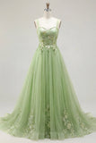 Vestido de Baile Longo Floral de Tiras Fingue Verde Linha A com Aplicações