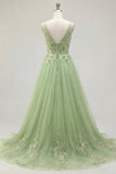 Vestido de Baile Longo Floral de Tiras Fingue Verde Linha A com Aplicações