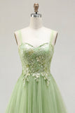 Vestido de Baile Longo Floral de Tiras Fingue Verde Linha A com Aplicações