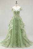 Zapaka Mulheres Vestido de Baile Longo Verde Ombros à Vista Floral e Capa