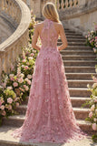 Espartilho Taro A-Line A-Neck Halter Vestido de Baile Longo com Flores 3D Aplicadas