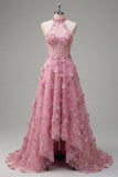 Espartilho Taro A-Line A-Neck Halter Vestido de Baile Longo com Flores 3D Aplicadas