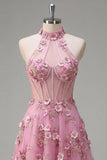 Espartilho Taro A-Line A-Neck Halter Vestido de Baile Longo com Flores 3D Aplicadas