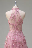 Espartilho Taro A-Line A-Neck Halter Vestido de Baile Longo com Flores 3D Aplicadas
