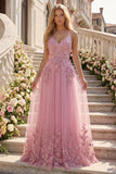 Vestido de Baile Longo em Linha A com Apliques de Taro e Flores 3D