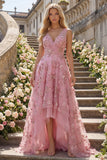 Vestido de Baile Longo em Tule com Decote em V e Apliques de Flores 3D da Taro