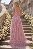 Vestido de Baile Longo em Tule com Decote em V e Apliques de Flores 3D da Taro