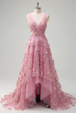 Vestido de Baile Longo em Tule com Decote em V e Apliques de Flores 3D da Taro