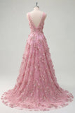 Vestido de Baile Longo em Tule com Decote em V e Apliques de Flores 3D da Taro