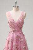 Vestido de Baile Longo em Tule com Decote em V e Apliques de Flores 3D da Taro