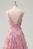 Vestido de Baile Longo em Tule com Decote em V e Apliques de Flores 3D da Taro