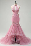 Vestido de Baile Longo Estilo Sereia com Decote Halter Espartilho e Padrão Floral