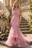 Vestido de Baile Longo Estilo Sereia com Decote Halter Espartilho e Padrão Floral