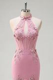 Vestido de Baile Longo Estilo Sereia com Decote Halter Espartilho e Padrão Floral