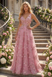 Vestido de Baile Longo Floral com Decote em V e Linha A com Recortes