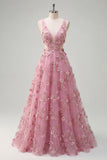 Vestido de Baile Longo Floral com Decote em V e Linha A com Recortes