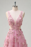 Vestido de Baile Longo Floral com Decote em V e Linha A com Recortes