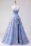 Vestido de Baile de Finalistas Azul com Linha A Aplicada e Fenda