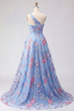 Vestido de Baile de Finalistas Azul com Linha A Aplicada e Fenda