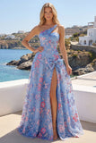 Vestido de Baile de Finalistas Azul com Linha A Aplicada e Fenda