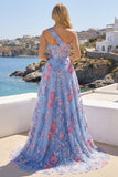 Vestido de Baile de Finalistas Azul com Linha A Aplicada e Fenda