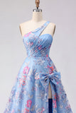 Vestido de Baile de Finalistas Azul com Linha A Aplicada e Fenda