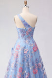 Vestido de Baile de Finalistas Azul com Linha A Aplicada e Fenda