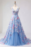 Vestido de Baile de Finalistas Azul Floral Linha A com decote em V