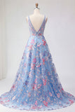Vestido de Baile de Finalistas Azul Floral Linha A com decote em V