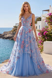 Vestido de Baile de Finalistas Azul Floral Linha A com decote em V