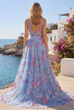 Vestido de Baile de Finalistas Azul Floral Linha A com decote em V