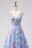 Vestido de Baile de Finalistas Azul Floral Linha A com decote em V