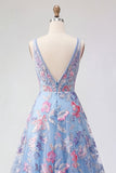 Vestido de Baile de Finalistas Azul Floral Linha A com decote em V