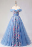 Vestido de Baile Longo de Finalistas Azul Ombros Ombros Abertos Com Aplicação A