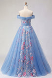 Vestido de Baile Longo de Finalistas Azul Ombros Ombros Abertos Com Aplicação A
