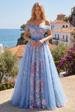 Vestido de Baile Longo de Finalistas Azul Ombros Ombros Abertos Com Aplicação A