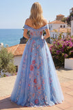 Vestido de Baile Longo de Finalistas Azul Ombros Ombros Abertos Com Aplicação A
