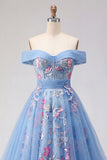 Vestido de Baile Longo de Finalistas Azul Ombros Ombros Abertos Com Aplicação A