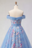 Vestido de Baile Longo de Finalistas Azul Ombros Ombros Abertos Com Aplicação A
