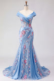 Vestido de Baile de Finalistas Longo com Espartilho Azul com Decote em V e Sereia Aplicada
