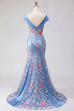 Vestido de Baile de Finalistas Longo com Espartilho Azul com Decote em V e Sereia Aplicada