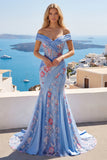 Vestido de Baile de Finalistas Longo com Espartilho Azul com Decote em V e Sereia Aplicada