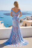 Vestido de Baile de Finalistas Longo com Espartilho Azul com Decote em V e Sereia Aplicada