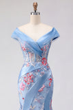 Vestido de Baile de Finalistas Longo com Espartilho Azul com Decote em V e Sereia Aplicada