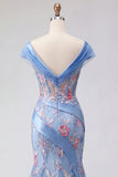 Vestido de Baile de Finalistas Longo com Espartilho Azul com Decote em V e Sereia Aplicada