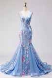 Vestido longo de baile de finalista azul sereia floral com gola V