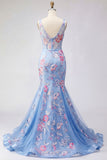 Vestido longo de baile de finalista azul sereia floral com gola V