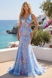 Vestido longo de baile de finalista azul sereia floral com gola V